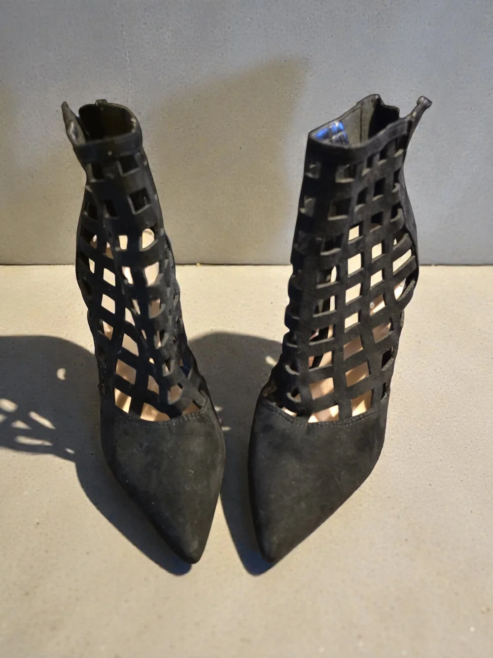 Black Cutout Lattice Pointed-Toe Stiletto Booties
